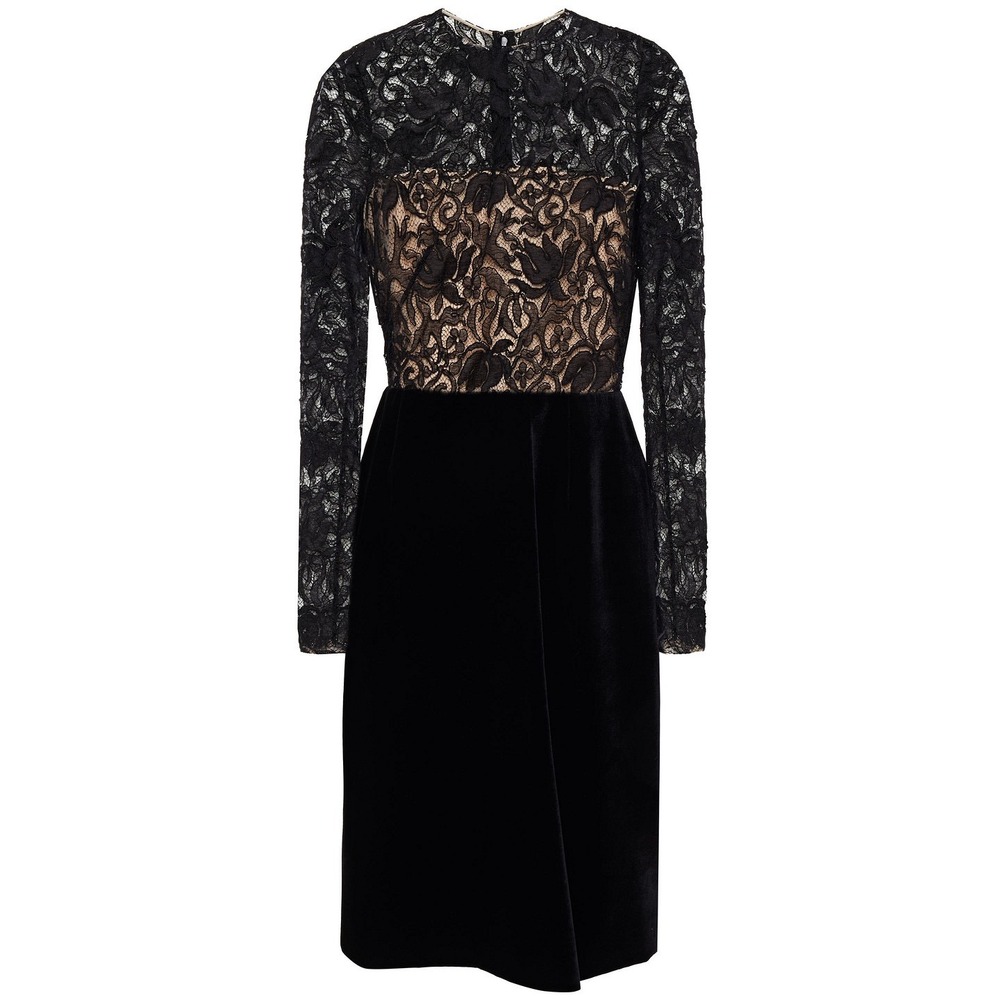 Oscar de la Renta Guipure Lace Paneled Velvet Dress Cocktail Vamp Goth Tailored